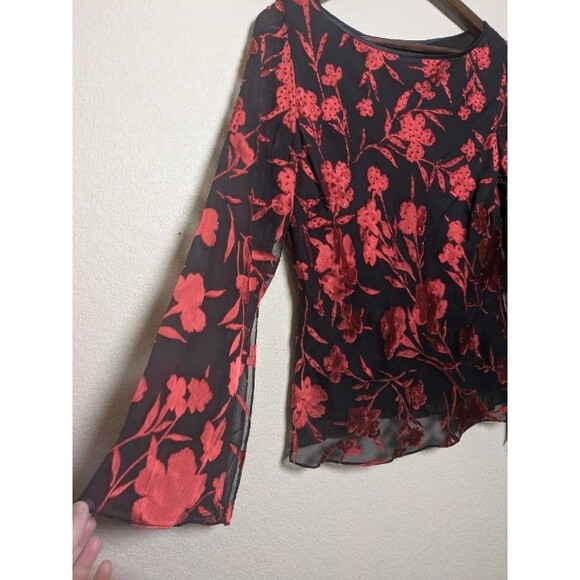 Vintage Red Black Burnout Floral Mesh Top Size Large Whimsigoth Romantic Pappell - Picture 3 of 9